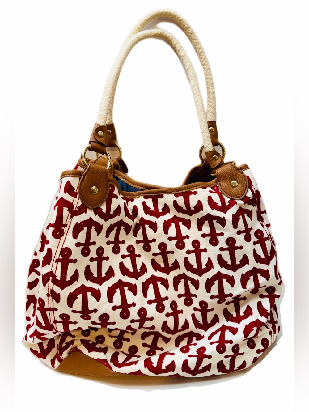 NWOT Tommy Hilfiger Red Anchor Canvas Tote Bag Rope Handles - Picture 3 of 9